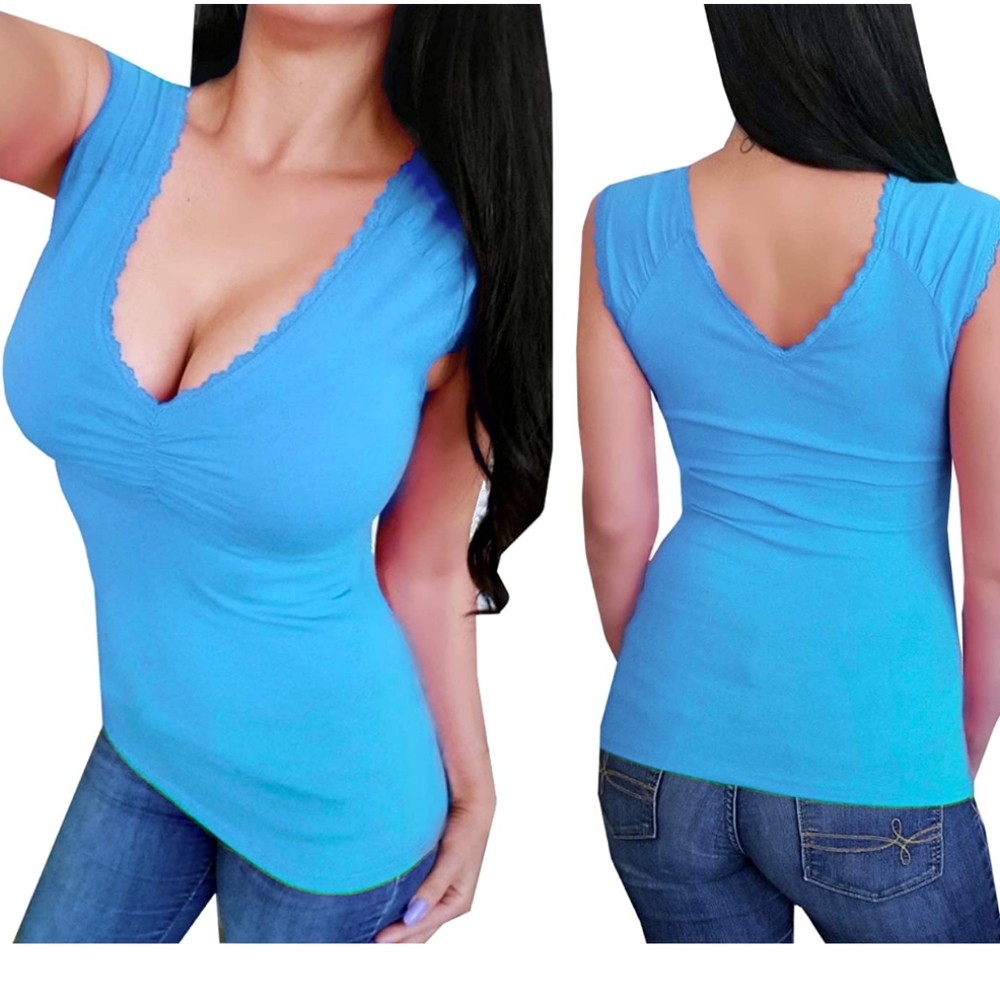Blue sexy lowcut vneck sleeveless summer shirt top
